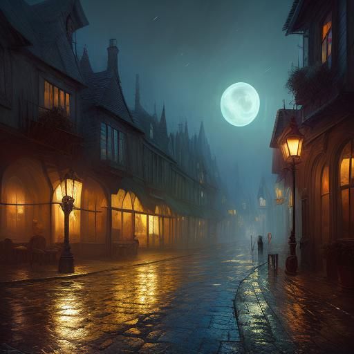 Moonlit Medieval Town Street: Gouache Illustration