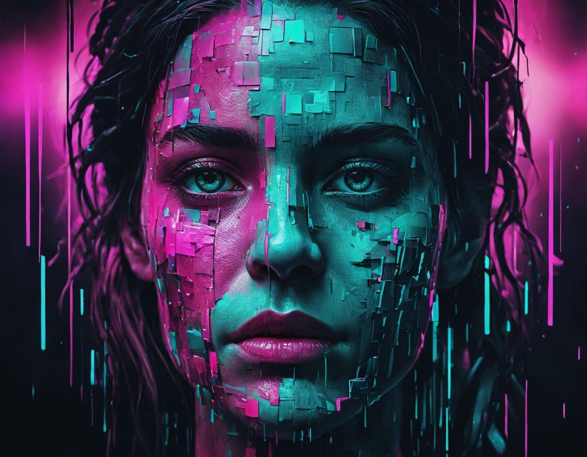 Glitched Human Face Portrait in Cyberpunk Style