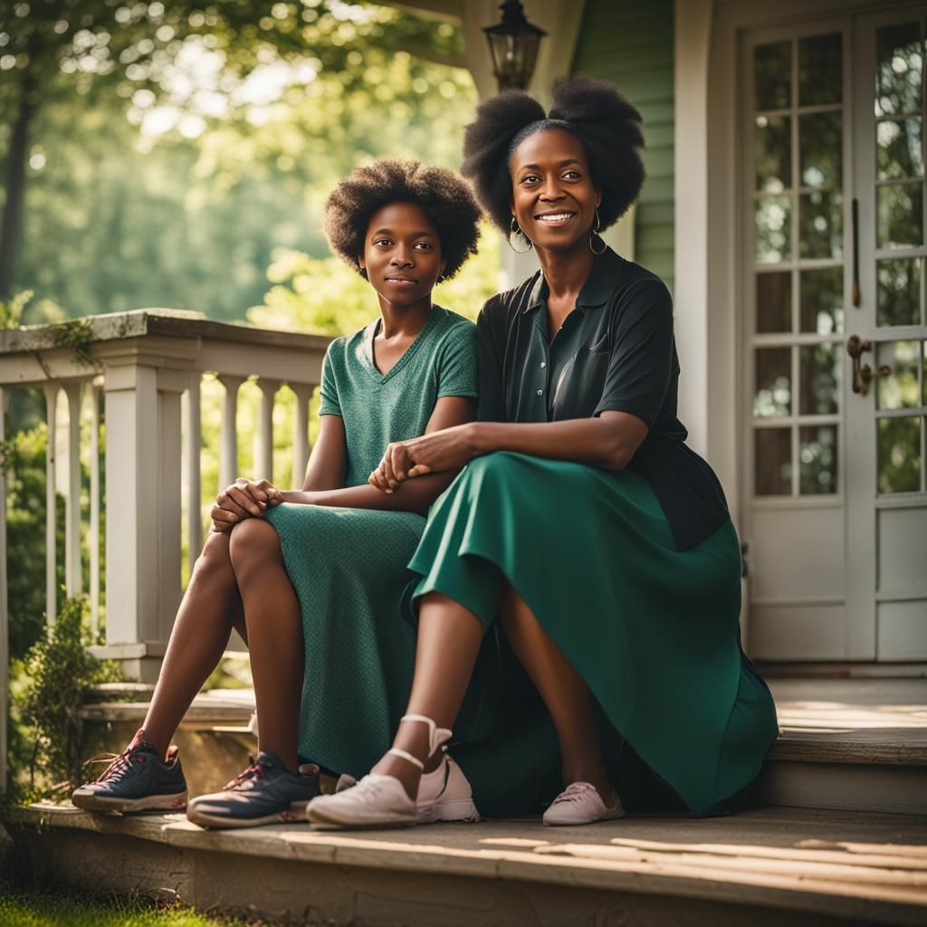 Black Mother and Daughter on Manor Porch