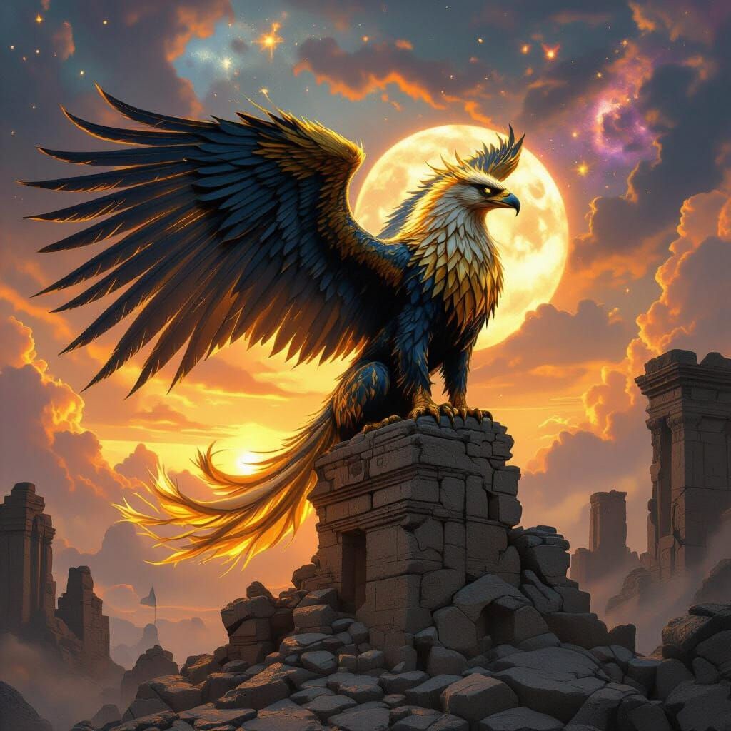 Golden Griffin Perched Atop Ancient Ruins
