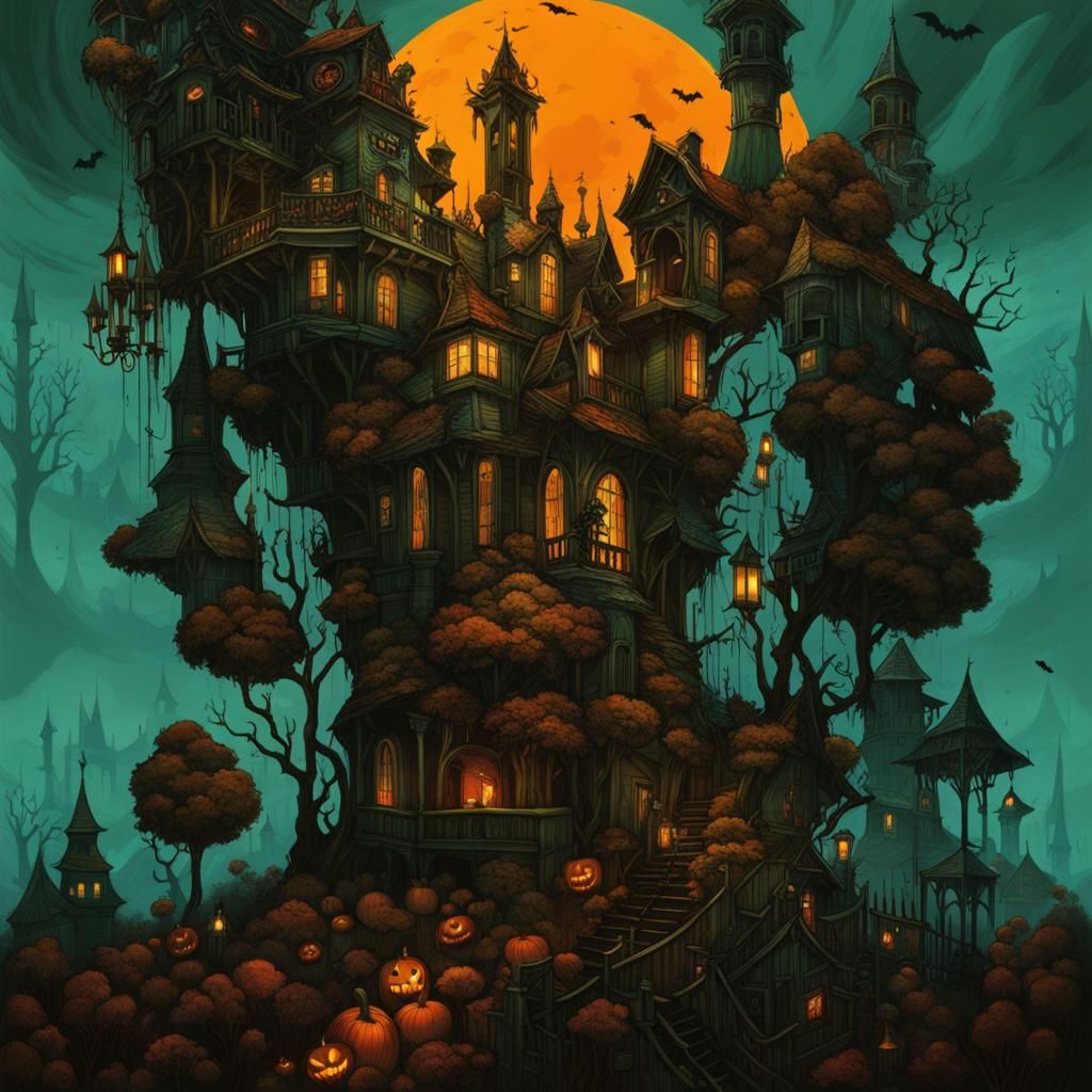 Darker Halloween House under Moon