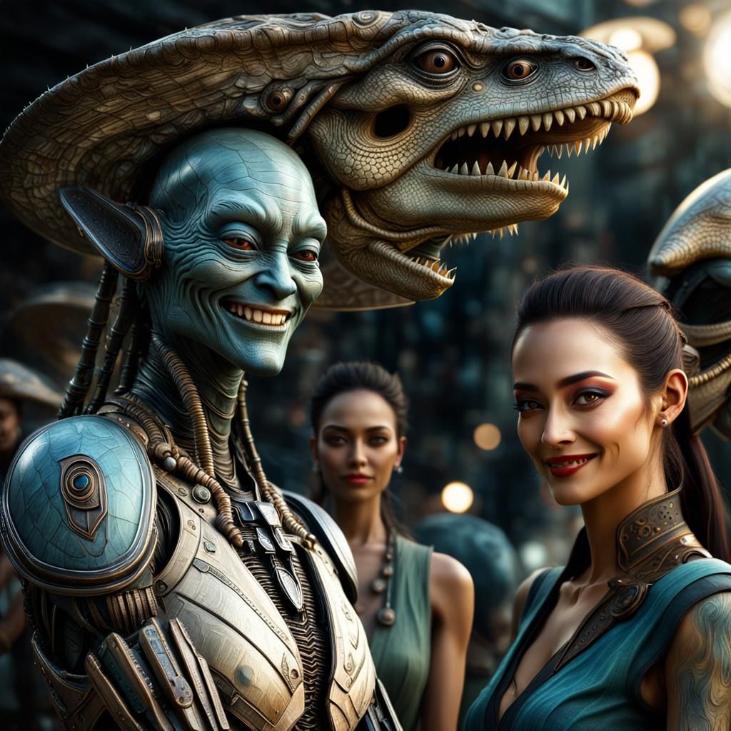 Photorealistic Aliens in Exotic Attire: Hyperrealistic Photo...