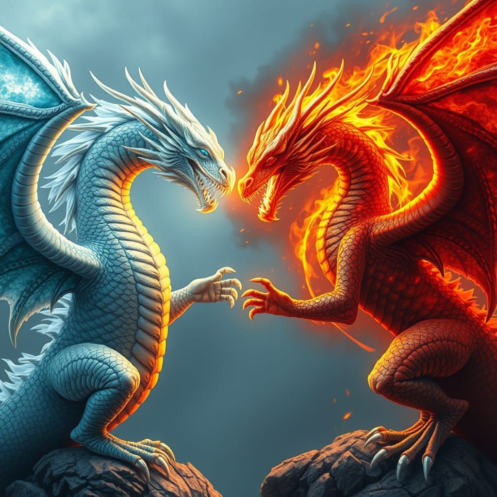 Ice Dragon Confronts Fire Dragon in Stunning Realism