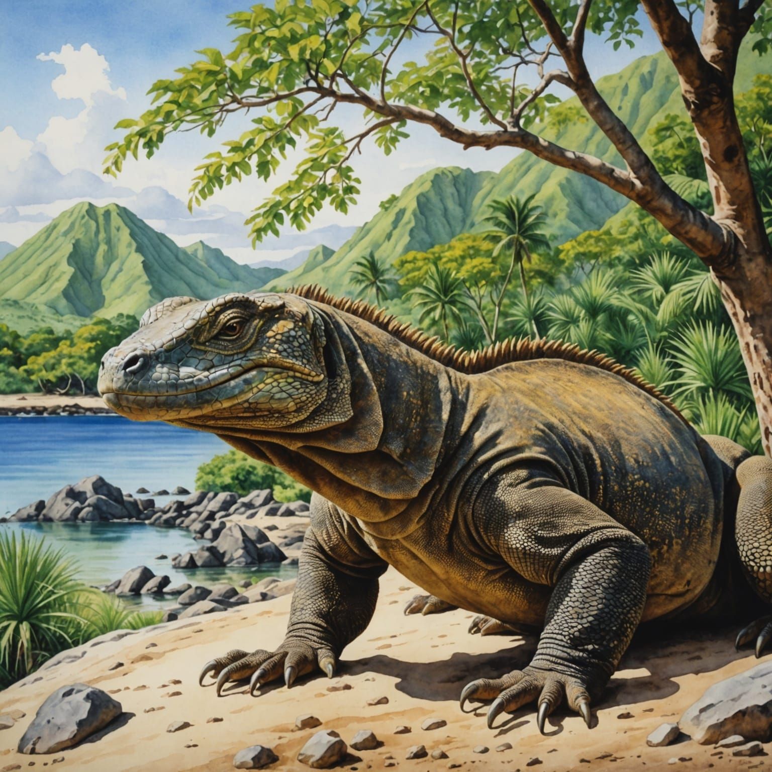 Komodo Dragon in Indonesia: Hyperrealistic Watercolor