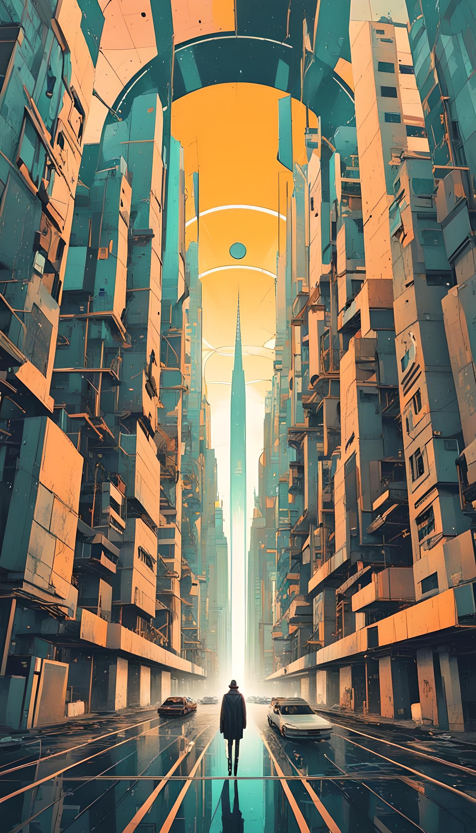 Time Traveler in Geometric Pop Art City