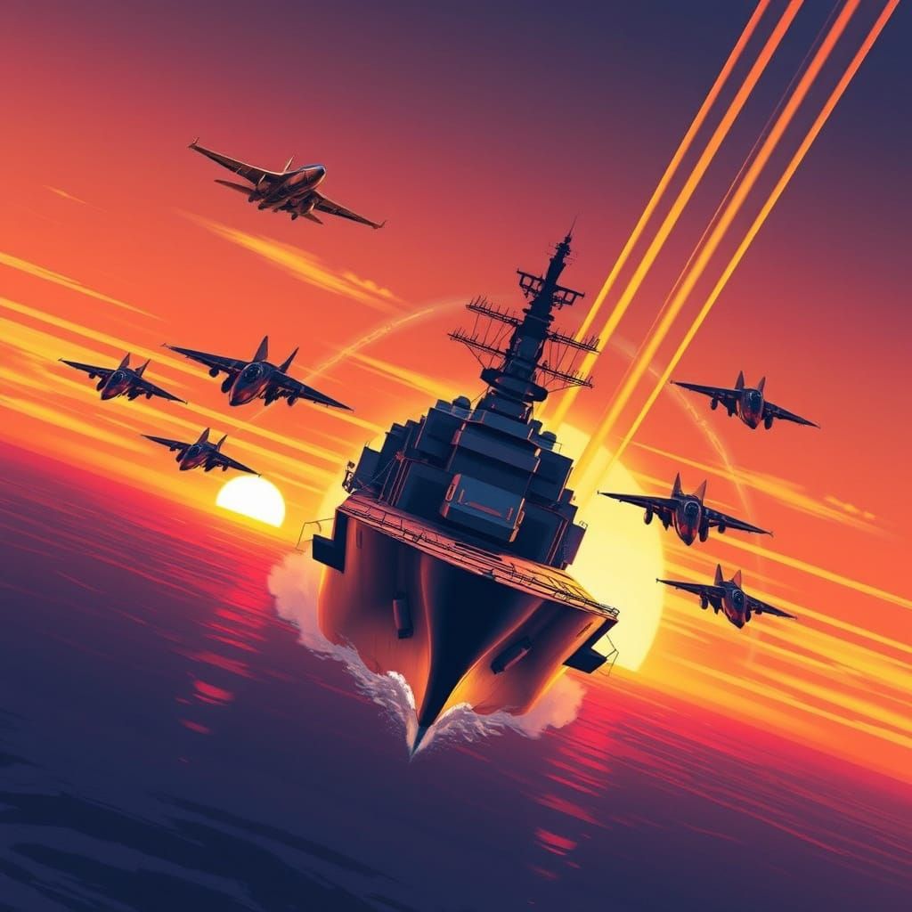 Battleship with F-14 Fighter Jets in Sunset Action