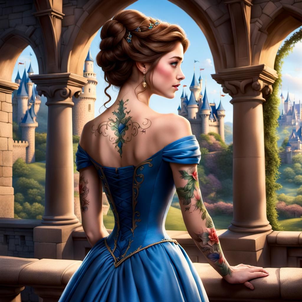 Belle with Floral Tattoo Near Castle Window
