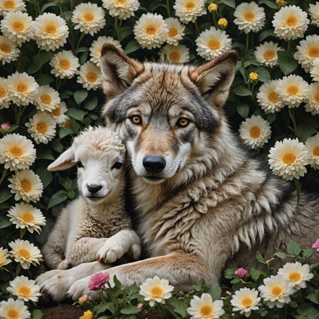 Wolf and Lamb Sleeping Peacefully in Floral Meadow
