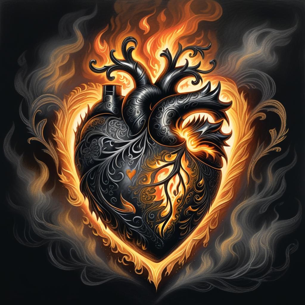 Fiery Gothic Heart Charcoal Drawing