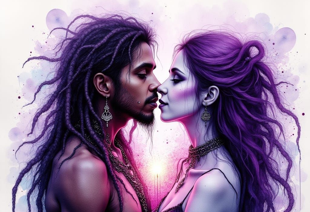 Ethereal Fantasy Kiss in Vibrant Watercolor and Ink