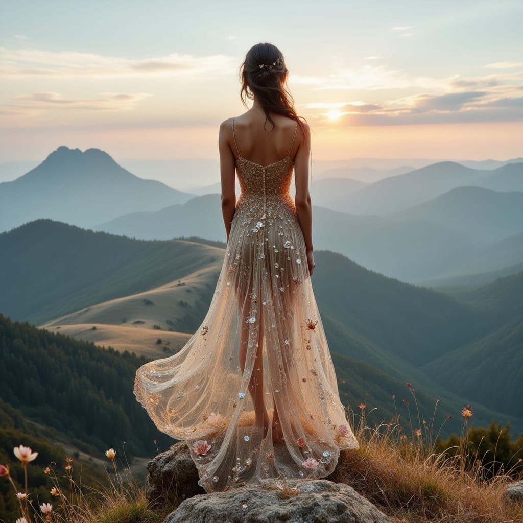 Woman Overlooking Mountain Vista in Ethereal Style