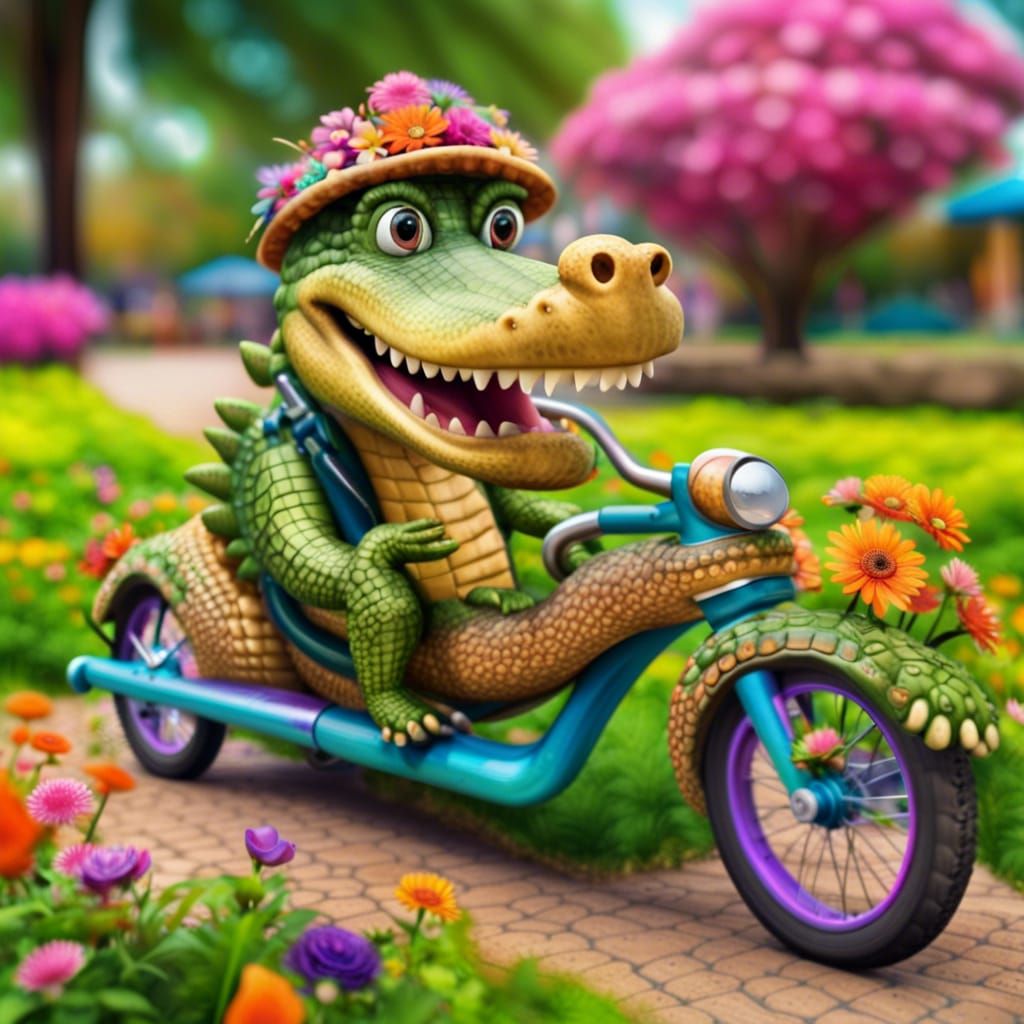 Smiling Crocodile Rides Bike in Joyful Garden Panorama