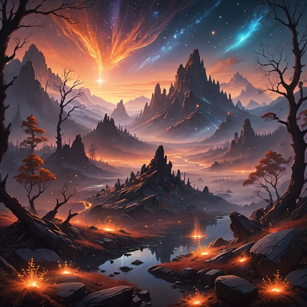 Fantasy Landscape with Distant Stars, Oil Painting