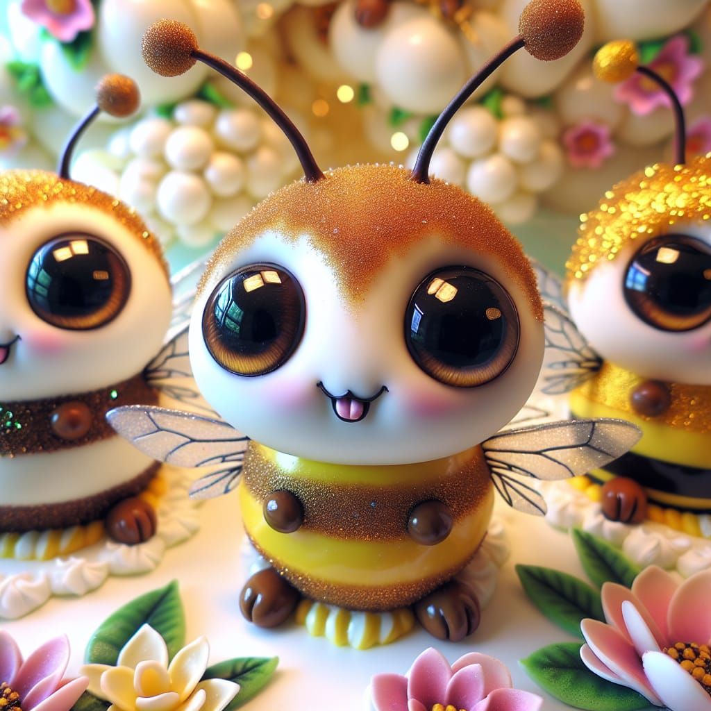 Disney Pixar style 3D adorable bees made out of white and milk chocolate, with gold glitter luster dust and dainty spun ...