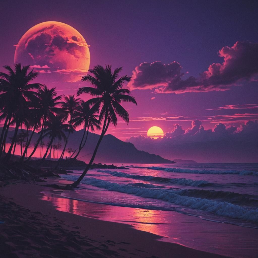 Synthwave Sunset Over Beach in Neon Retro Style