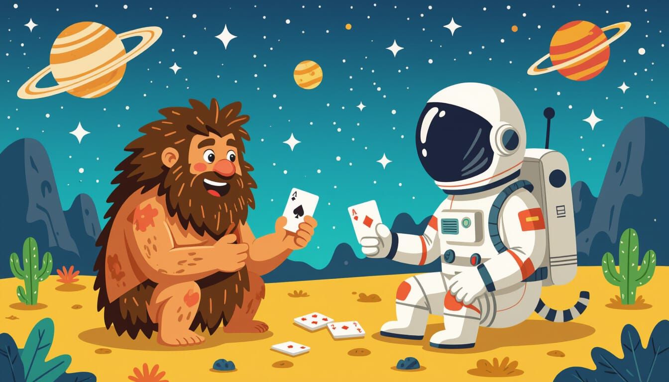 Caveman and Spaceman Play Cards in Humorous Scene