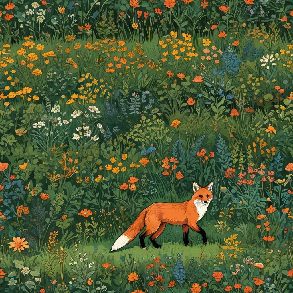 Fox in Wyoming Meadow: Hokusai and Hesson Inspired