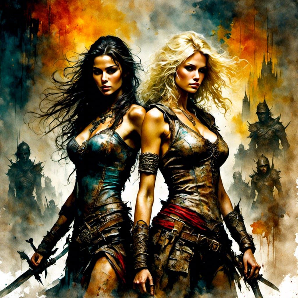 Exotic Warrior Women Clash in Watercolor Fantasy