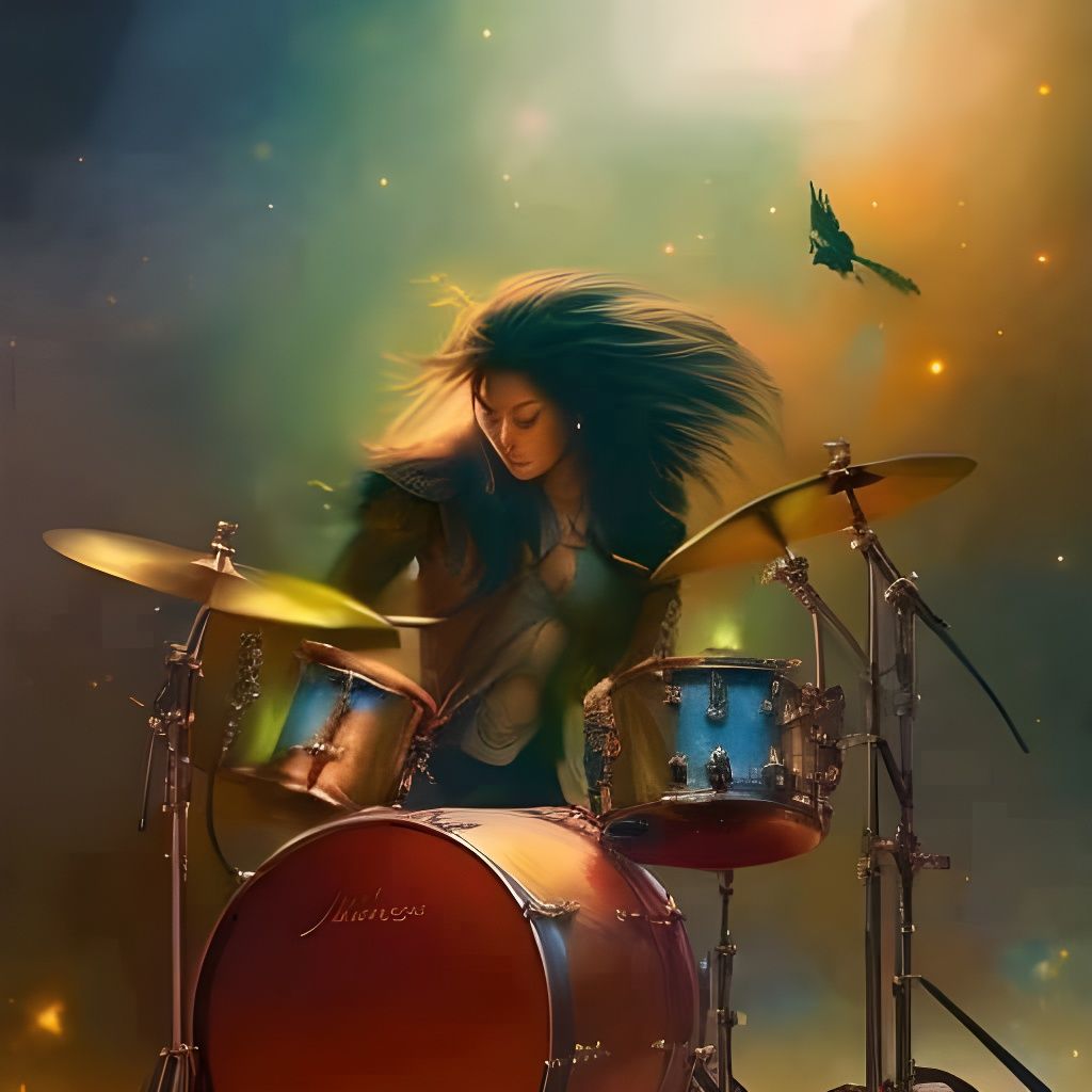 Badass Drummer Girl Under Starry Sky: Digital Illustration
