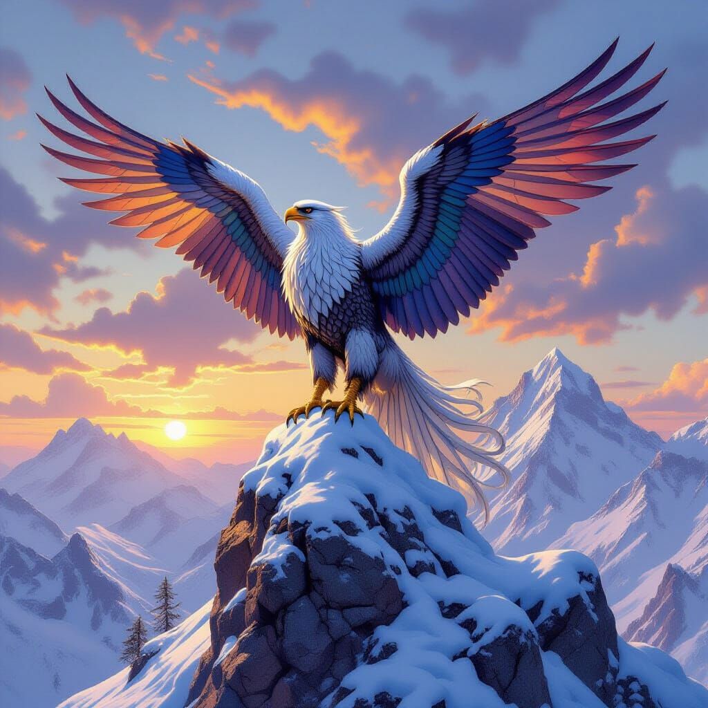 Griffin with Stained Glass Wings on Snowy Peak