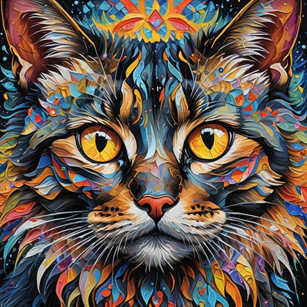 Kaleidoscope Cat with Neon Eyes: Impressionist Oil Painting