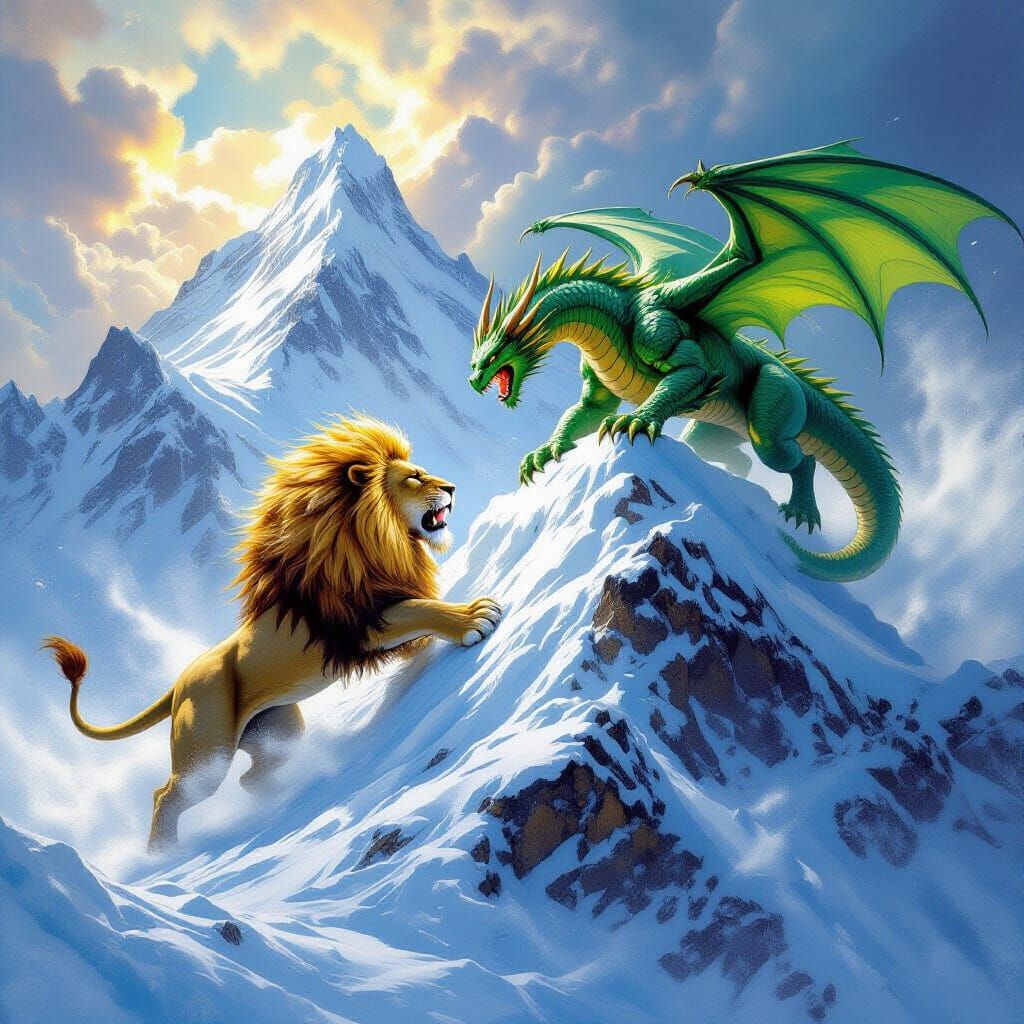 Epic Lion vs Dragon Battle on Snowy Mountain