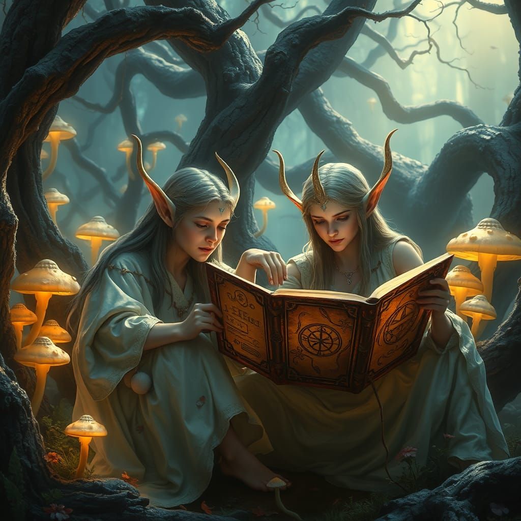 Elves Reading in Mystical Forest: Fantasy Concept Art