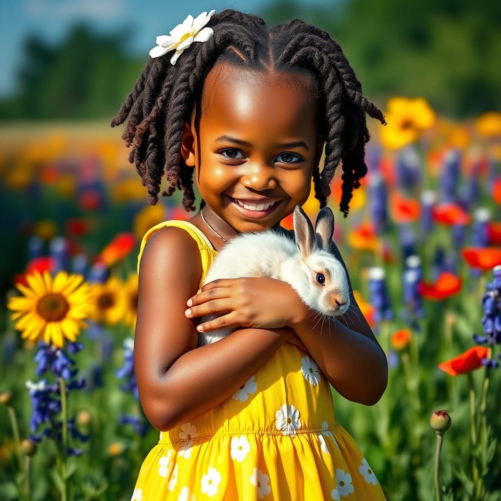 Young Girl with Fluffy White Rabbit in a Vibrant Floral Fiel...