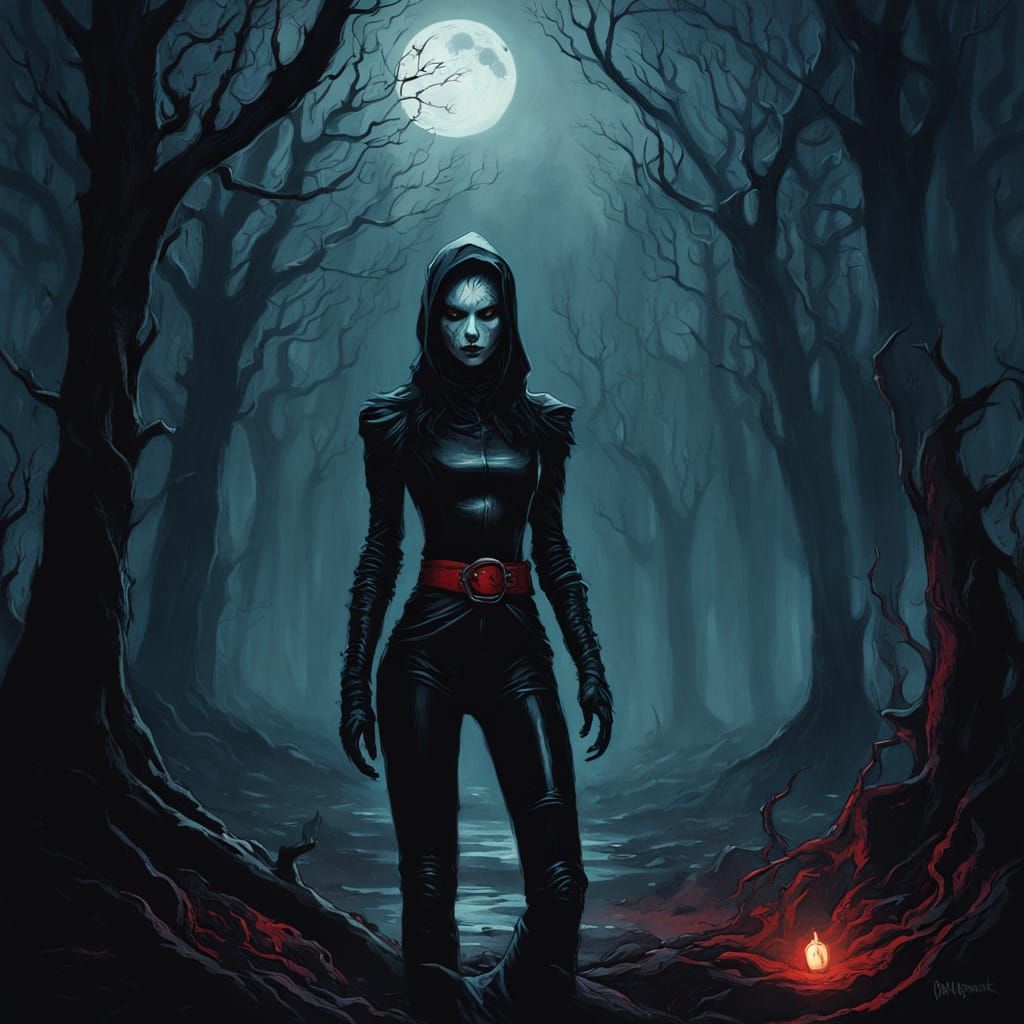 Dark Fantasy Woman in Latex Catsuit Under Moonlight