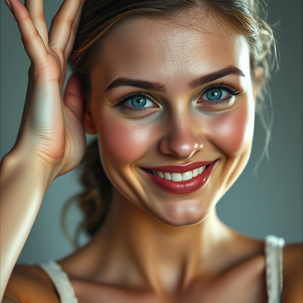 Photorealistic Woman with Blue Eyes Gives Thumbs Up