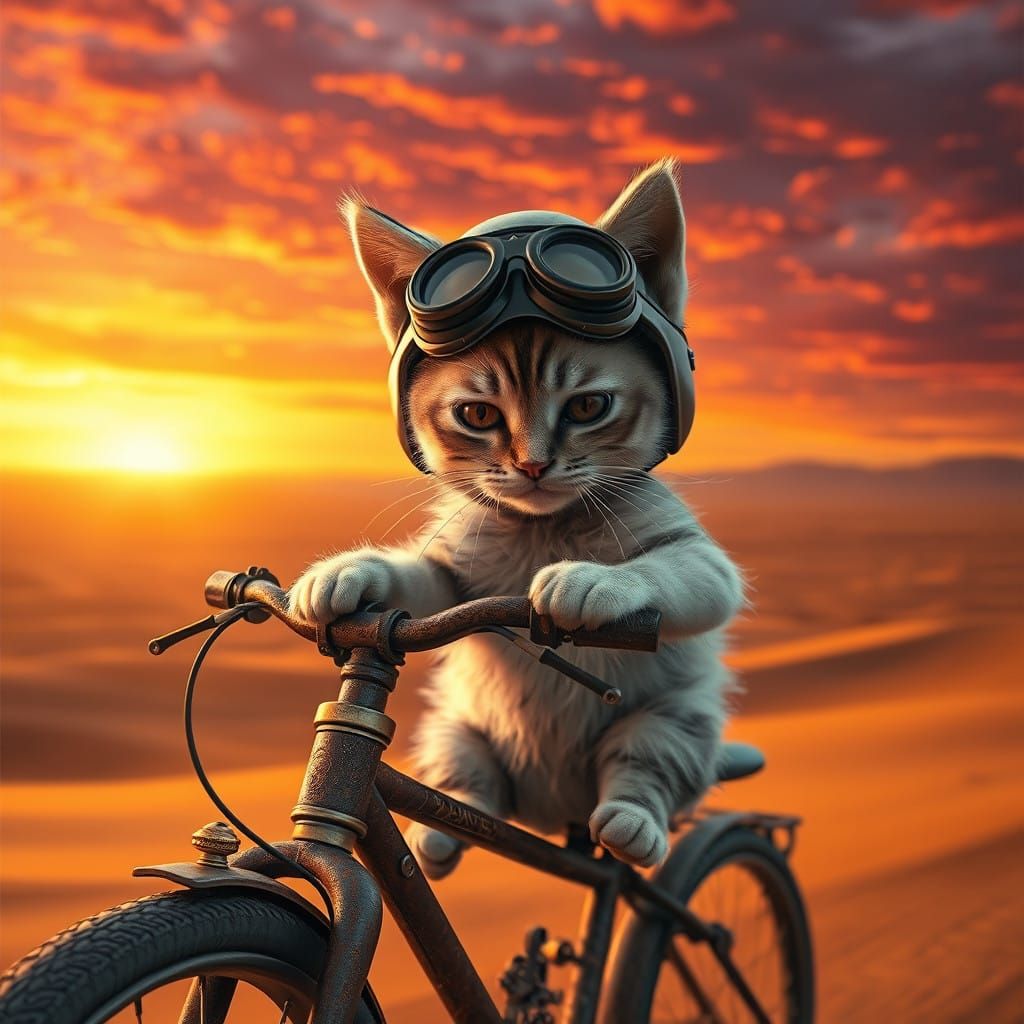 A Grumpy Kitten Pedals Through Desert Sunset in Imagination...