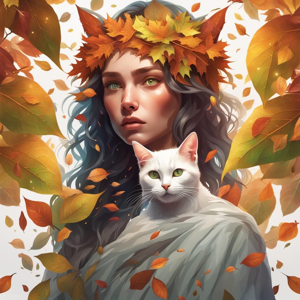 Surreal Girl with Cat Eyes in Autumn Leaves
