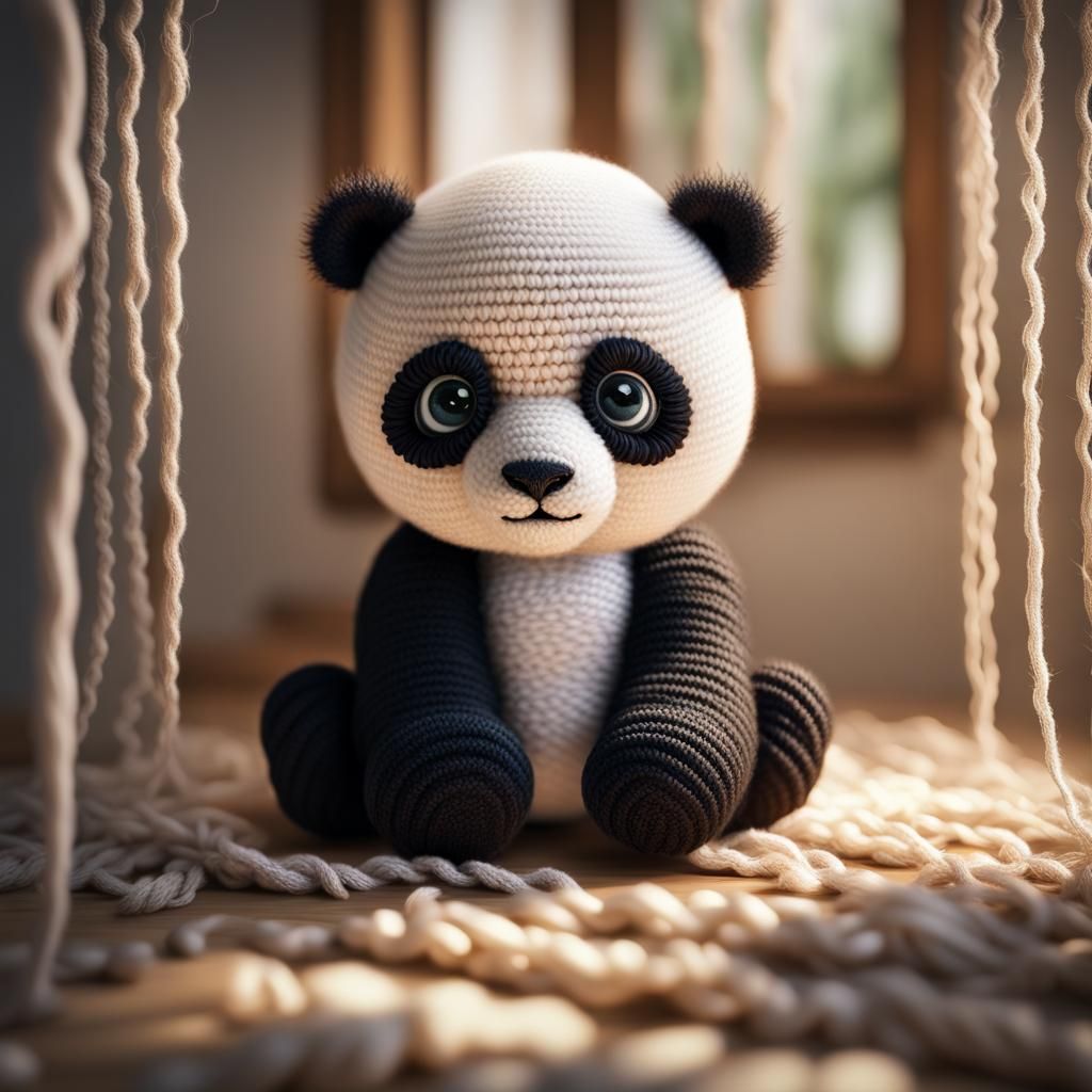 Flying Crocheted Yarn Panda in Photorealistic CGI
