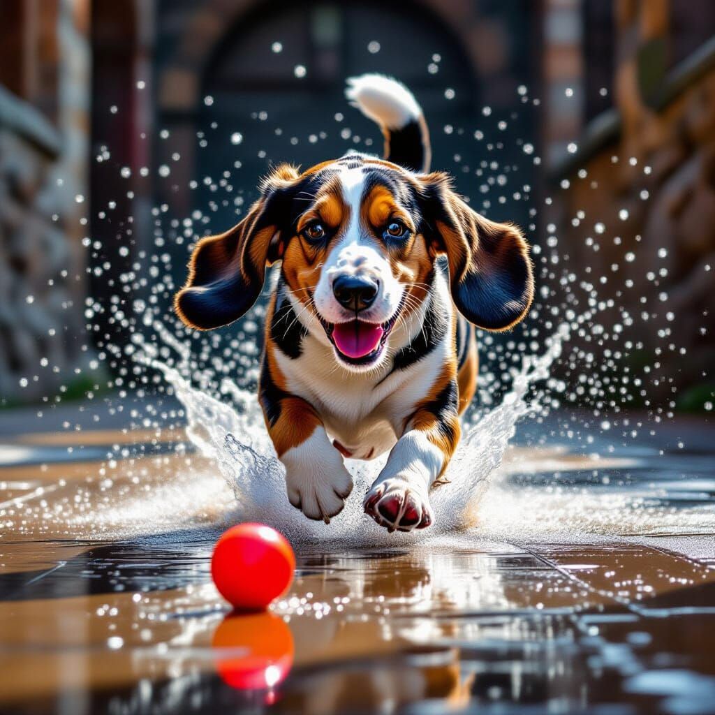Basset Hound Chases Ball on Wet Castle Floor - Hyperrealisti...