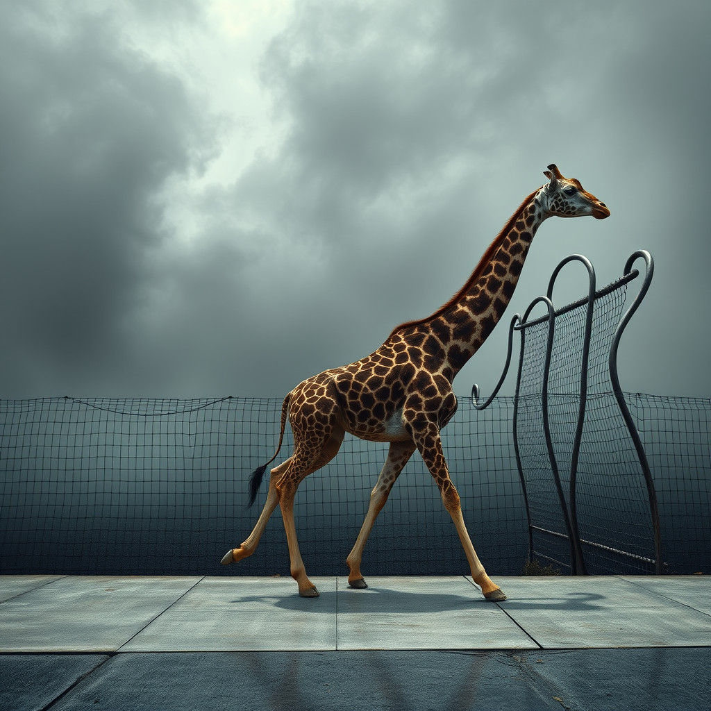 Giraffe and Twisted Metal Landscape Inspired by Beksinski