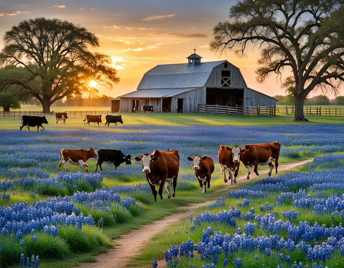 Children Playing in Texas Bluebonnet Field at Sunset
