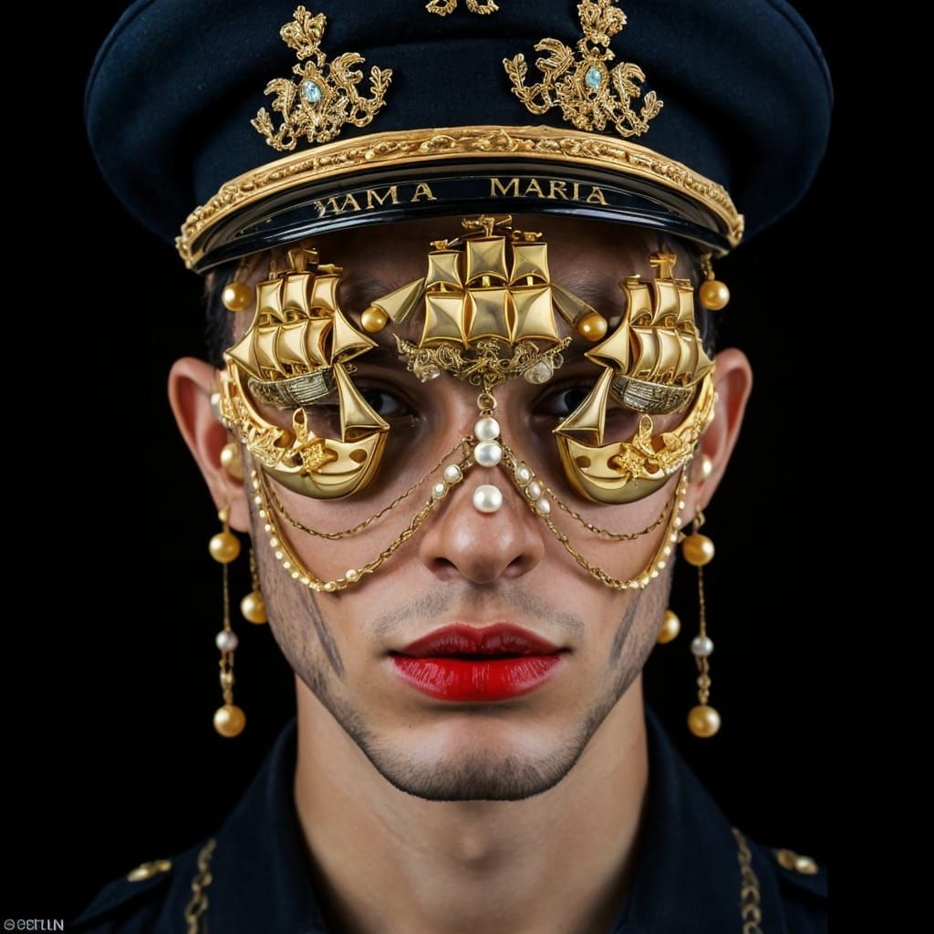 Surreal Naval Aristocrat in Extravagant Golden Mask