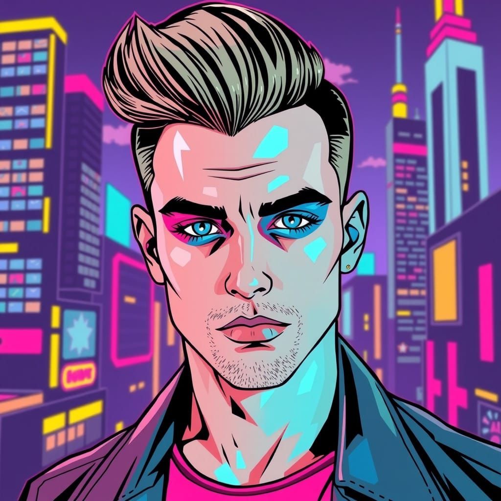 Bold Futuristic Masculine Pop Art Portrait in Vibrant Neon H...