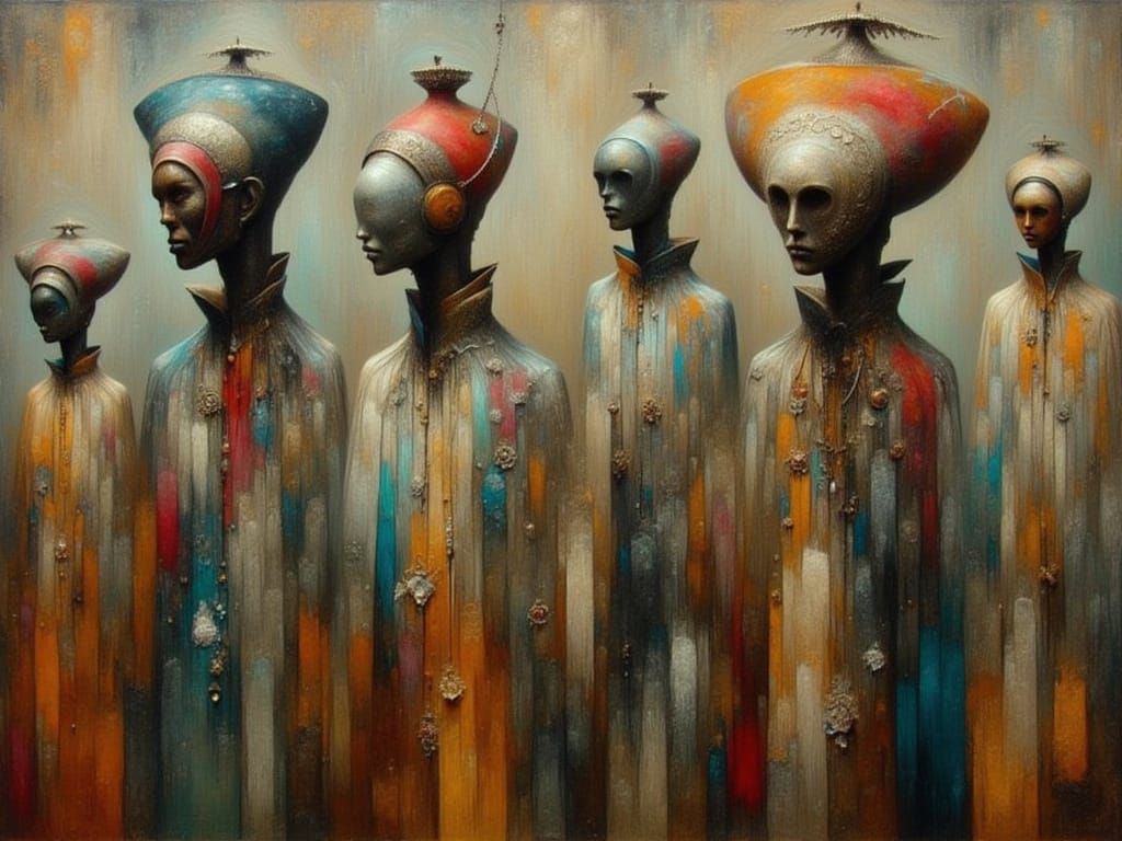 Figures in Ornate Hats in a Surrealist Style
