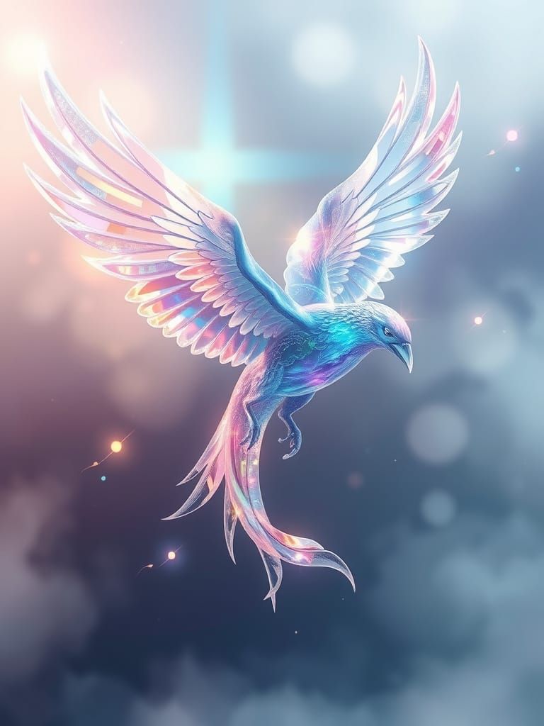 Ethereal Crystal Bird Soars Through Aurora Sky