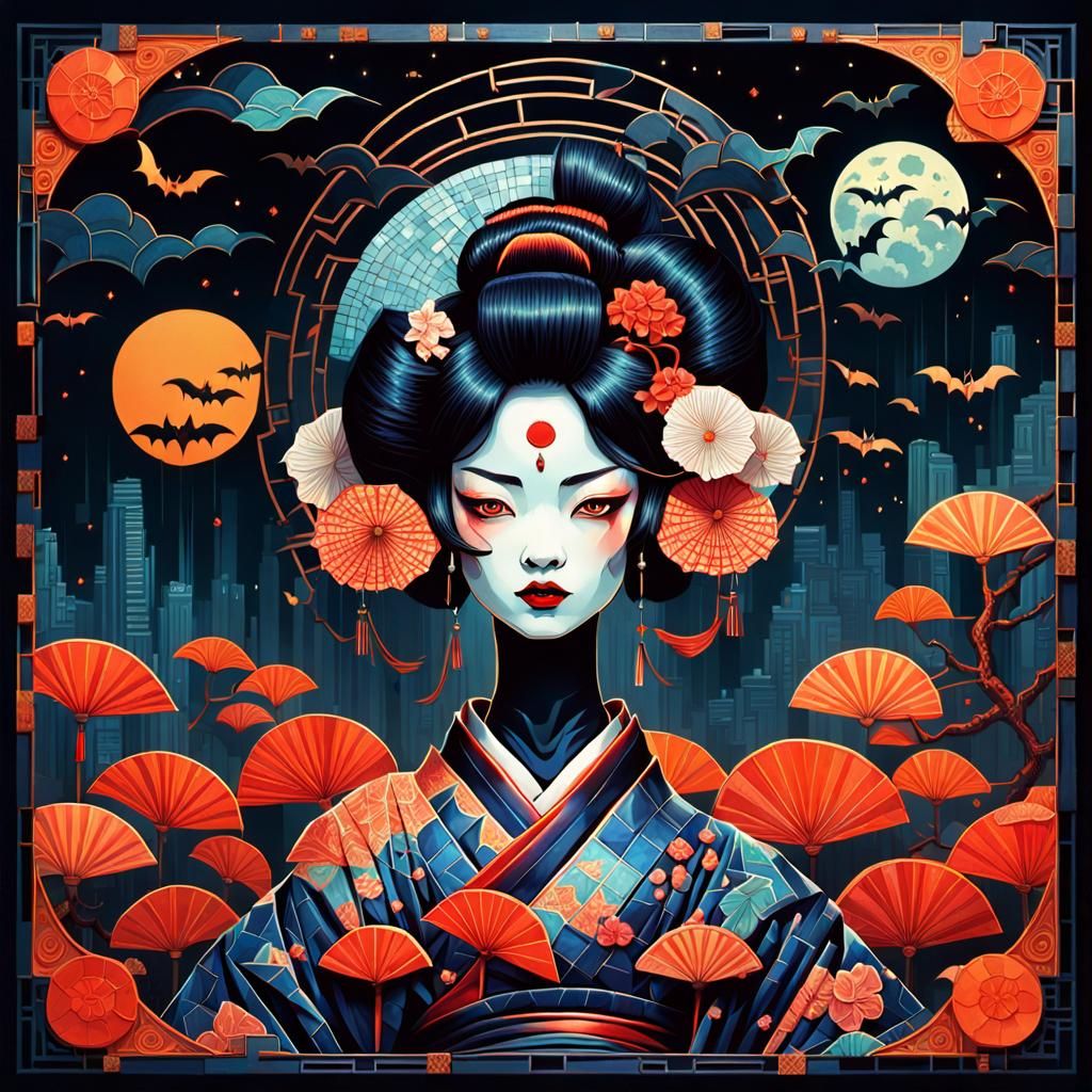 Vampire Geisha in Mosaic Tiled Surrealism