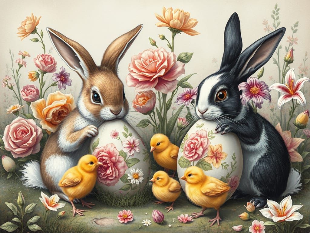Whimsical Easter Scene with Bunnies and Chicks