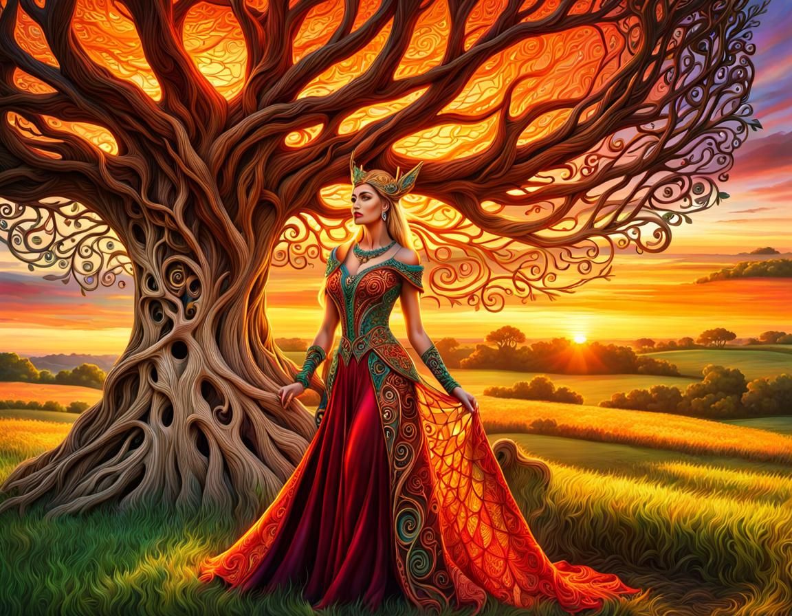Elven Lady by a Sunset Tree