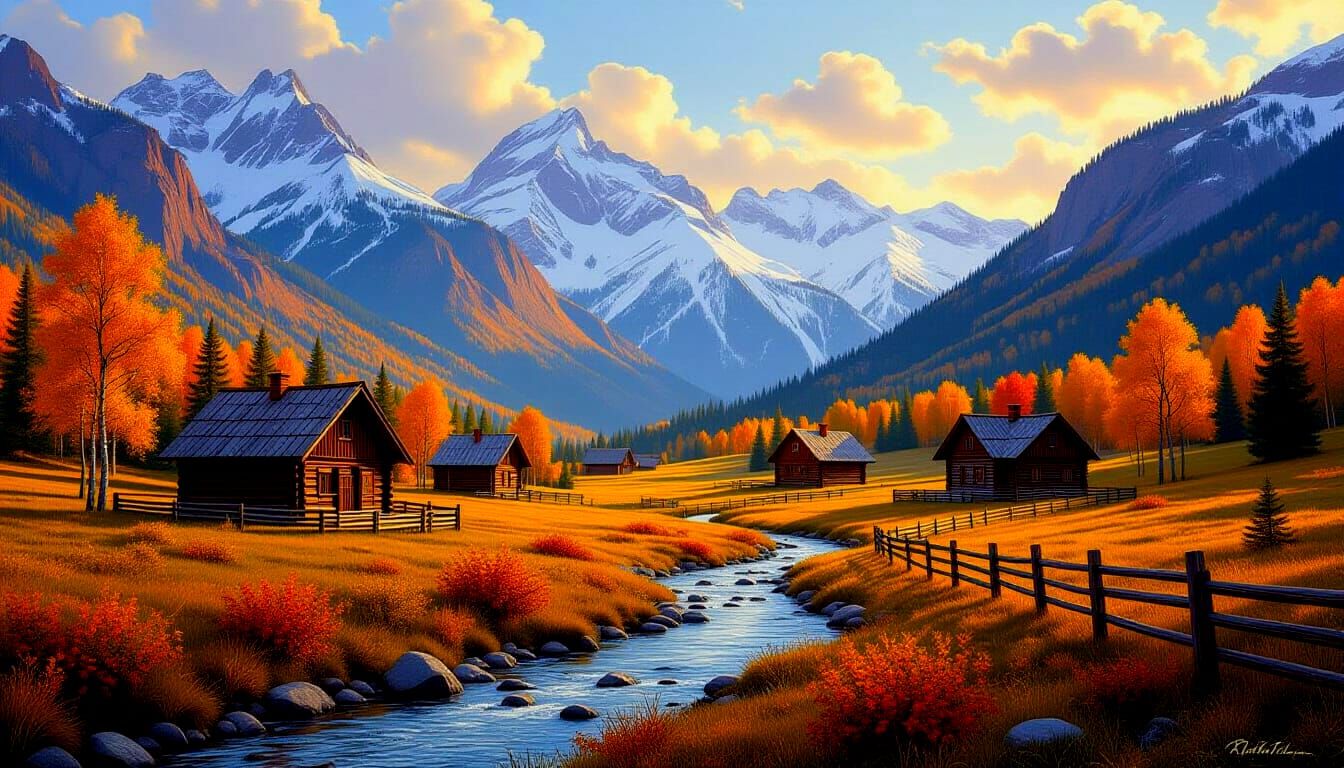 Picturesque Mountain Valley with Rustic Cabins and Autumn Fo...