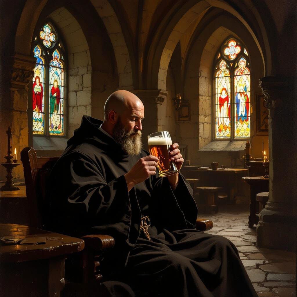 Monk Sipping Beer in Abbey, Old Master Style