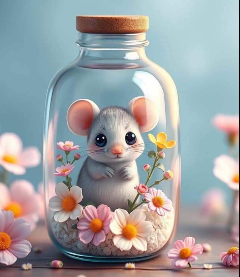 Kawaii Mouse in a Bottle with Pastel Flowers