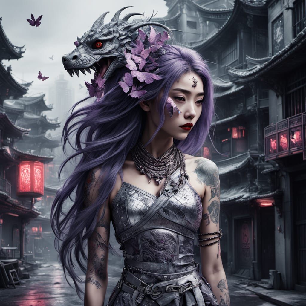 Geisha Goddess in Dystopian Cityscape as Digital Matte Paint...