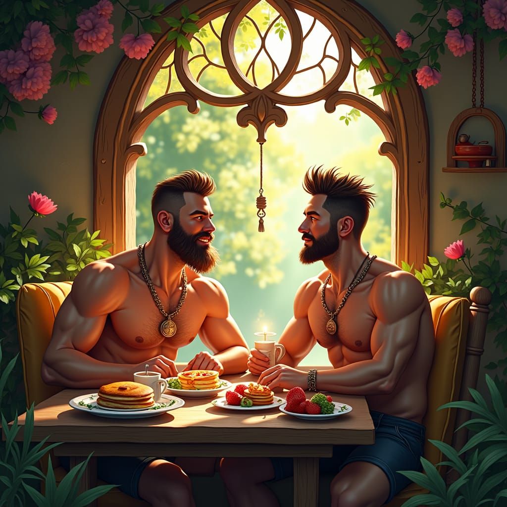 Idyllic Morning: Two Men Enjoying Breakfast