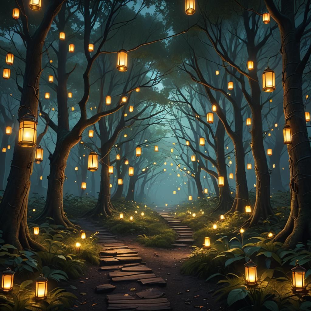 Lantern Path Through Dark Forest, Fantasy Art