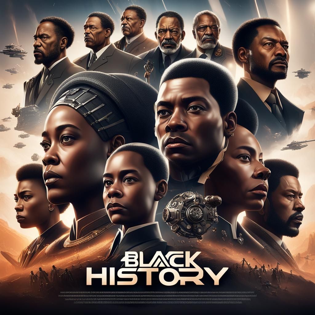 a visually captivating and artistic poster for Black History Month, showcasing iconic Black leaders and activists throug...